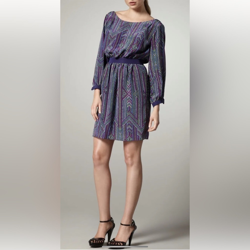 Shoshanna‎ Silk Geometric Chevron Print V-Back Long Sleeve Dress Purple Blue 2